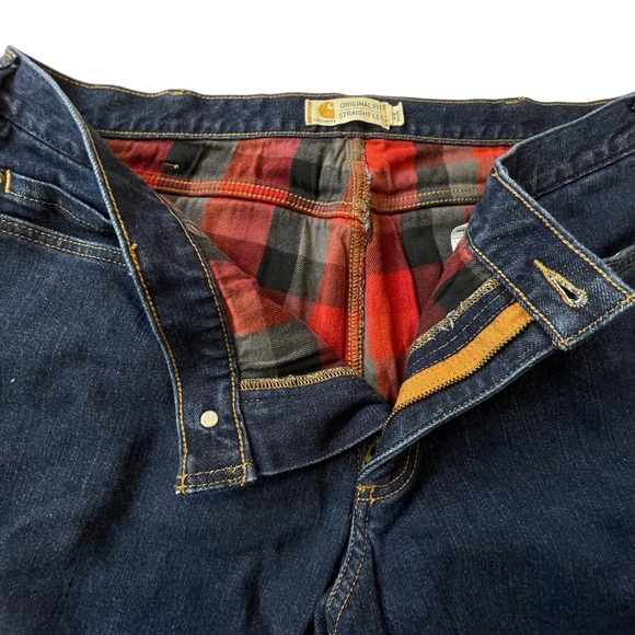 Carhartt Original Straight Fit Red Flannel Lines Jeans Blue Size 16 Short - Picture 9 of 13